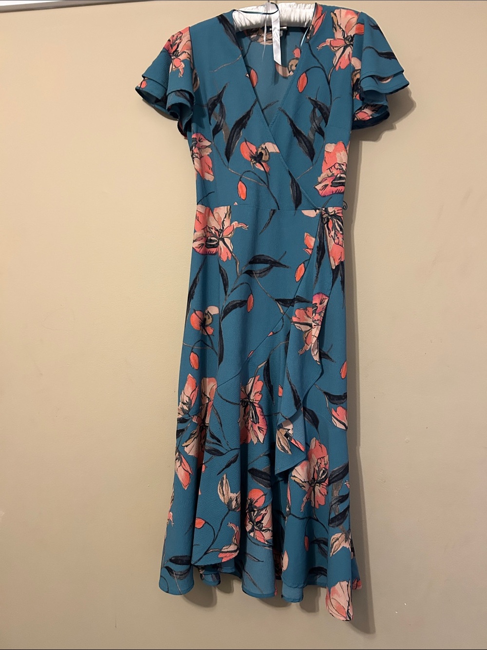 Teal Floral Wrap Midi Dress with Flutter Sleeves